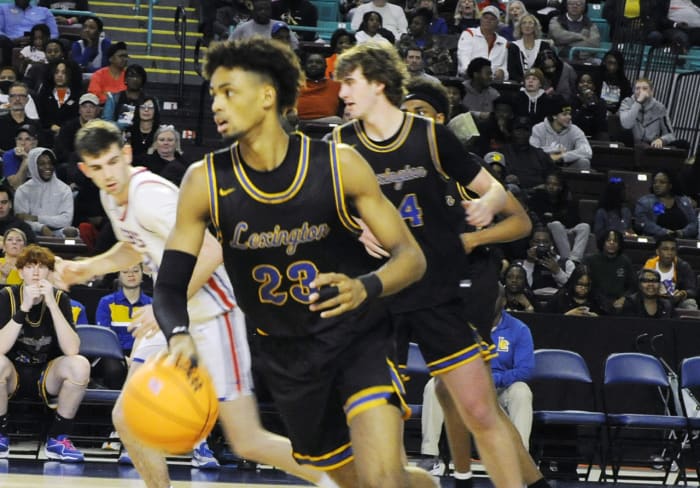 Lexington guard Cam Scott leads a fast break during the 2024 SCHSL Class 5-A Boys Basketball State Championship Game. (3/1/2024)
